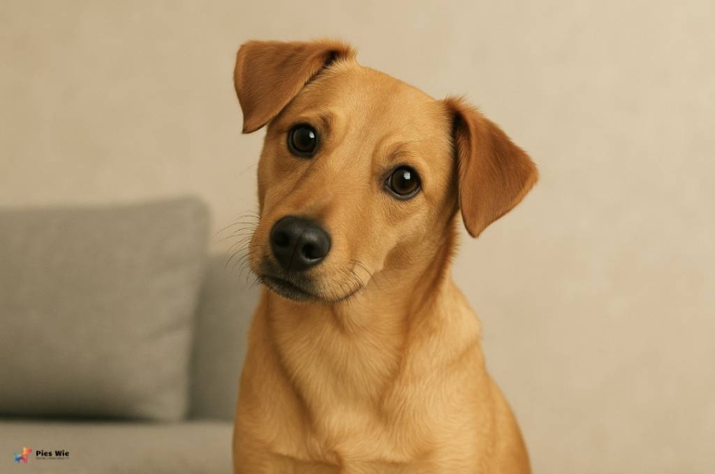 Pies przechyla głowę, reagując na słowa opiekuna - zachowanie pokazujące, jak psy próbują zrozumieć, co do nich mówimy.