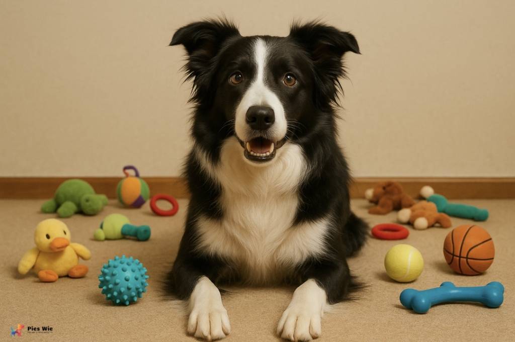 Border collie otoczony zabawkami - przykład psa, który rozpoznaje nazwy przedmiotów, nawiązanie do badań o psiej inteligencji językowej.
