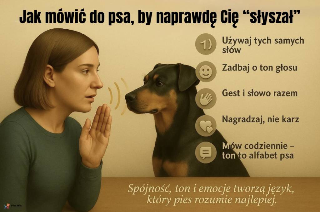Infografika edukacyjna: jak mówić do psa, by naprawdę Cię słuchał. Zasady komunikacji - ton głosu, gesty, emocje.