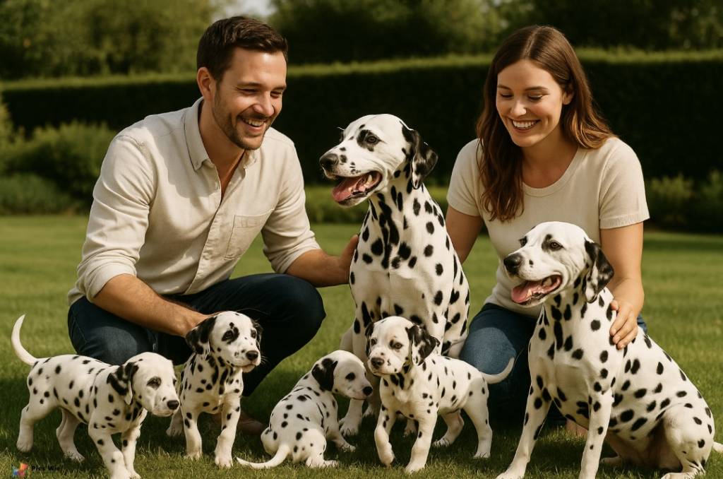 Para z dorosłymi dalmatyńczykami i szczeniętami - jak zacząć hodowlę psów rasowych.