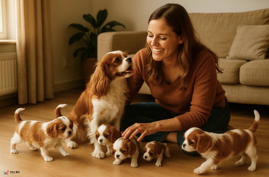 Kobieta z suką Cavalier King Charles Spaniel i miotem szczeniąt - jak zacząć hodowlę psów w domu