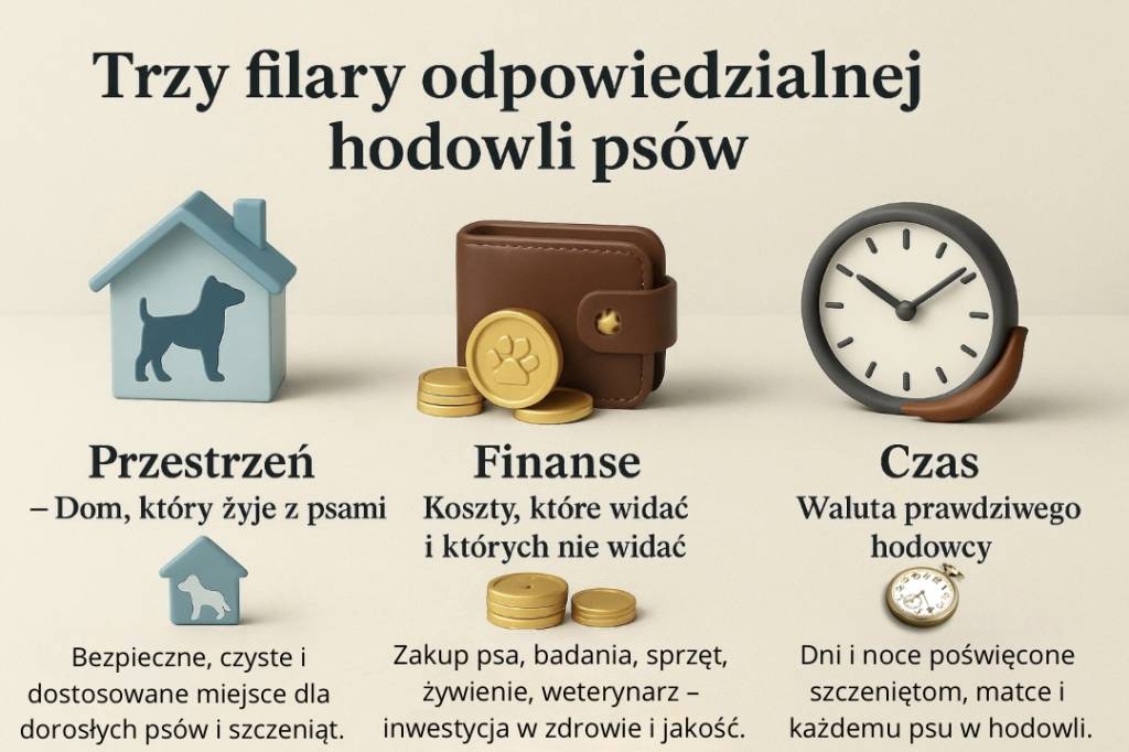 Infografika – trzy filary odpowiedzialnej hodowli psów: przestrzeń, finanse i czas.
