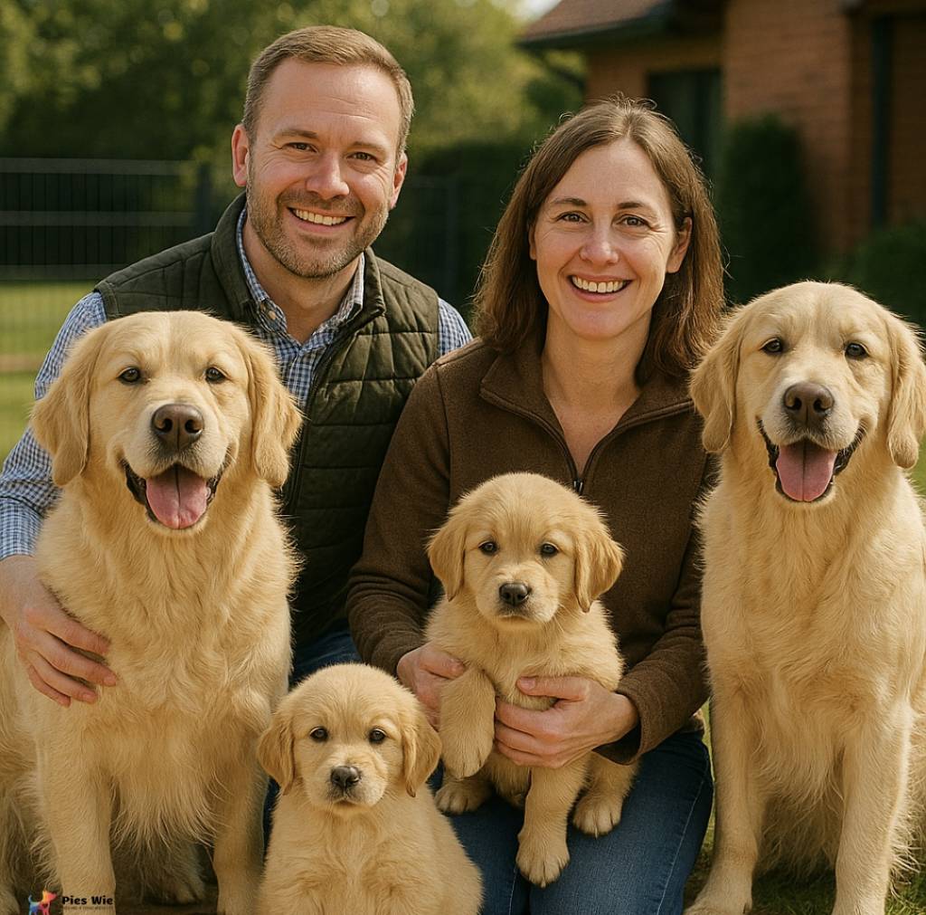Para z golden retrieverami i szczeniętami – jak zacząć hodowlę psów z pasją i wiedzą.
Podpis: Hodowla to wspólna droga – miłość do psów to początek, ale odpowiedzialność i wiedza tworzą jej sens.