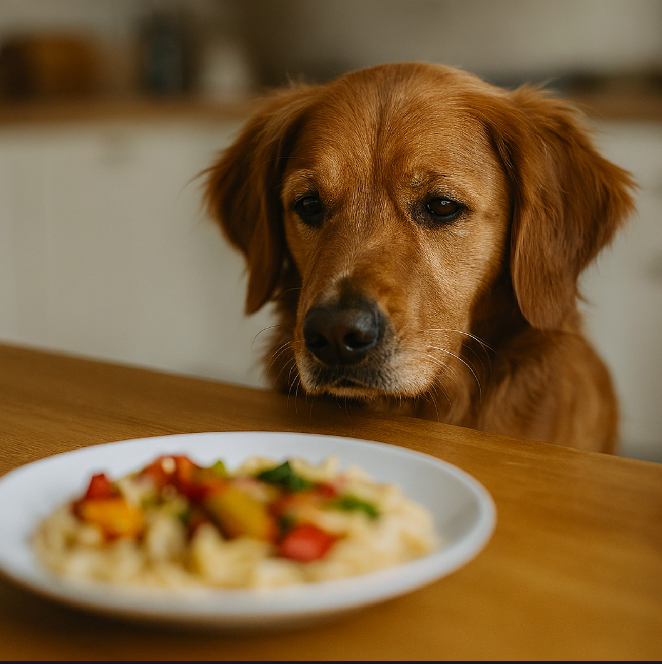 pies golden retriver - siedzi przed talerzem z zakazanym jedzeniem dla psów. Zdjęcie ostrzegawcze