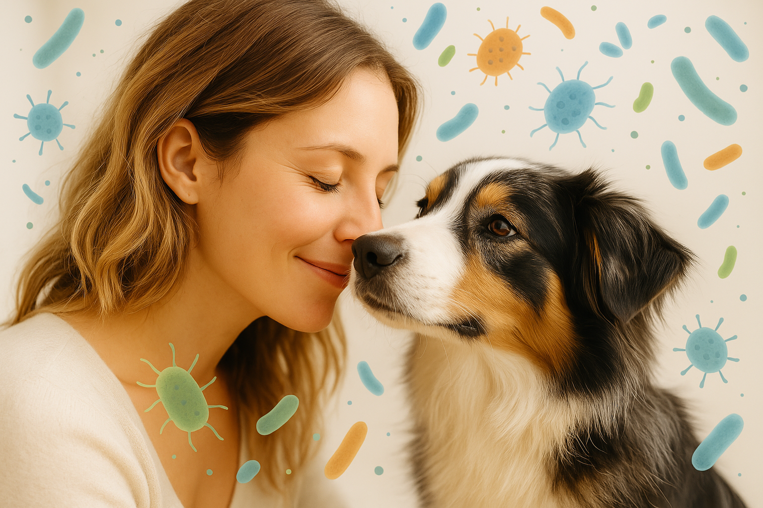 Kobieta dotyka nosem psa, otoczona ilustracjami bakterii - symbol bliskości i wspólnego mikrobiomu psa i człowieka.