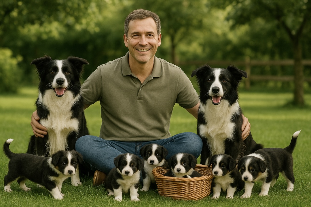 Hodowca siedzi na trawie z dorosłymi border collie i miotem szczeniąt - symbol odpowiedzialnej hodowli psów pełnej troski i wiedzy.