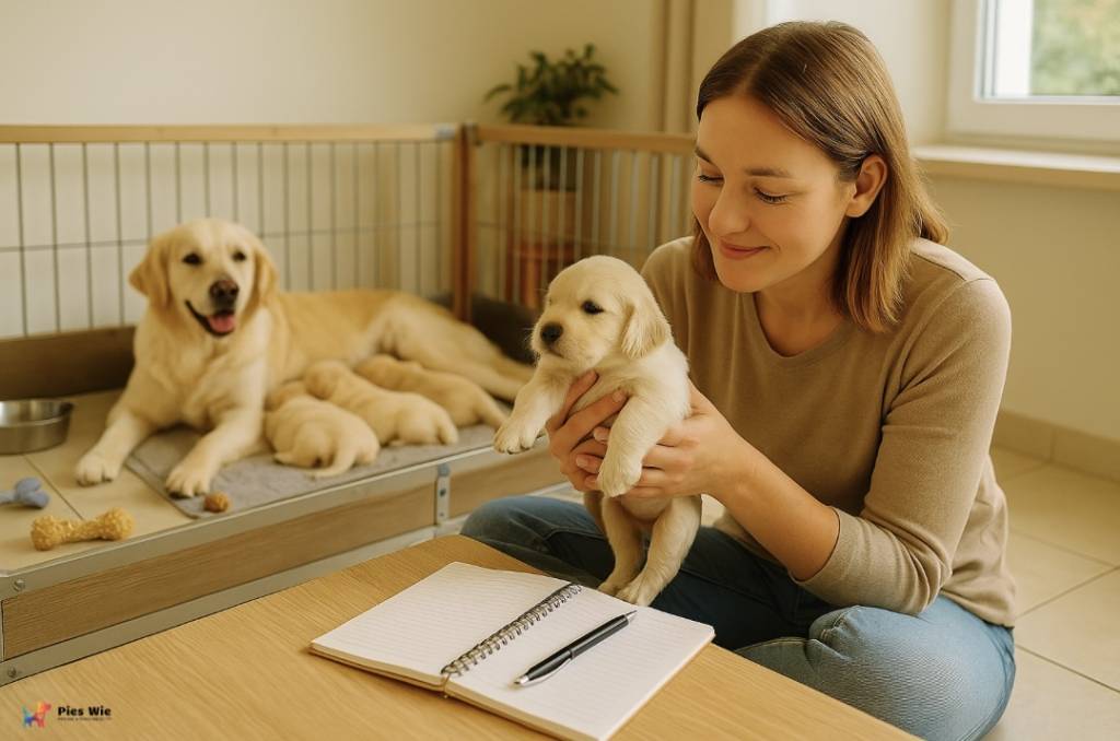 Kobieta z notatnikiem i szczeniakiem labradora – jak przygotować się do rozpoczęcia hodowli psów.
Podpis: Świadoma hodowla zaczyna się od wiedzy – zanim pojawią się szczenięta, warto mieć solidny plan.