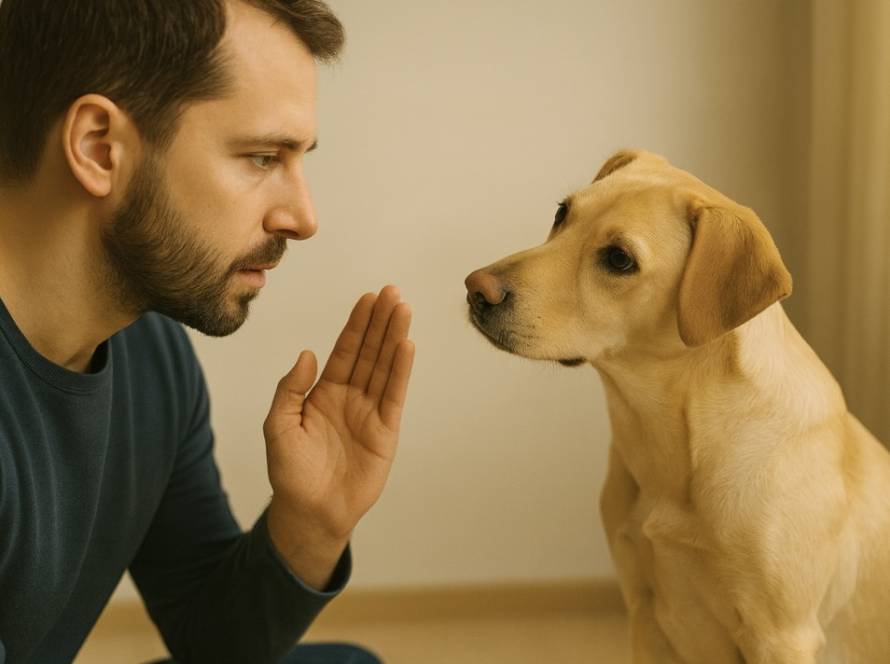 Czy pies rozumie, co mówimy? Mężczyzna mówi do psa, który uważnie słucha.