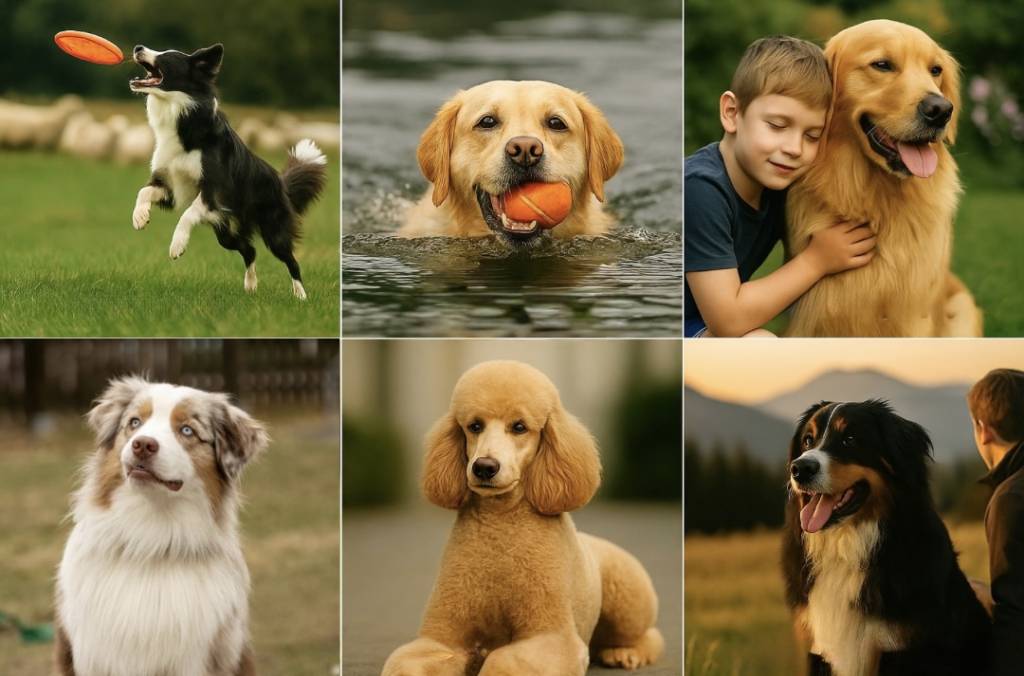 Różne rasy psów: border collie, golden retriver, australian shepherd, pudel i berneński pies pasterski - symbol różnorodności potrzeb w hodowli psów.