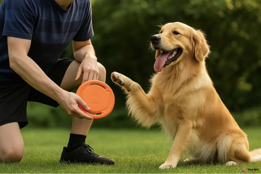 Opiekun bawi się z psem frisbee na trawie - aktywność fizyczna pomaga psu rozładować energię i się wyciszyć