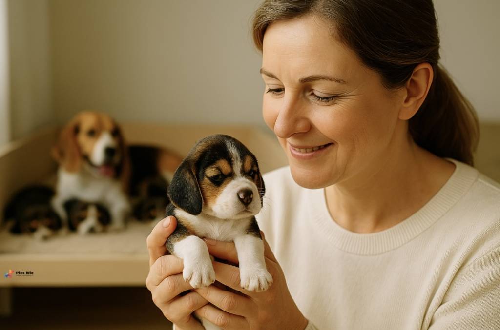 Kobieta trzyma szczeniaka beagle, w tle suka z miotem - początek świadomej hodowli psów