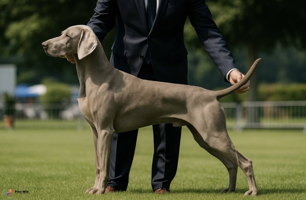 Wyżeł wejmarski prezentowany na wystawie - pierwszy krok, by zacząć hodowlę psów