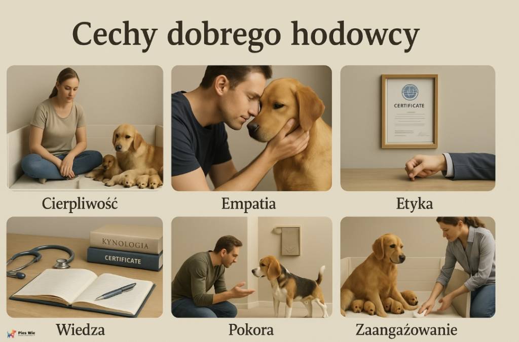 Infografika - cechy dobrego hodowcy psów: empatia, etyka, wiedza, cierpliwość, pokora i zaangażowanie.