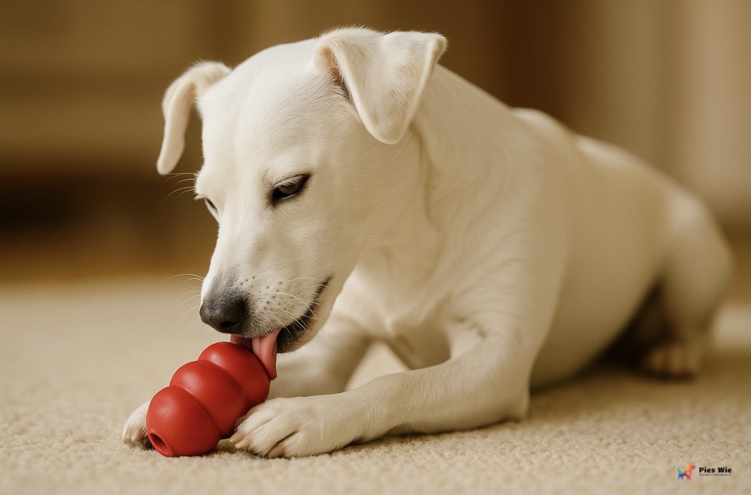 Jak zmęczyć psa w domu - pies liże zabawkę typu Kong, ucząc się wyciszenia